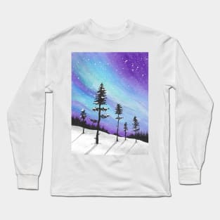 Dancing aurora on snowy landscape watercolor artwork Long Sleeve T-Shirt